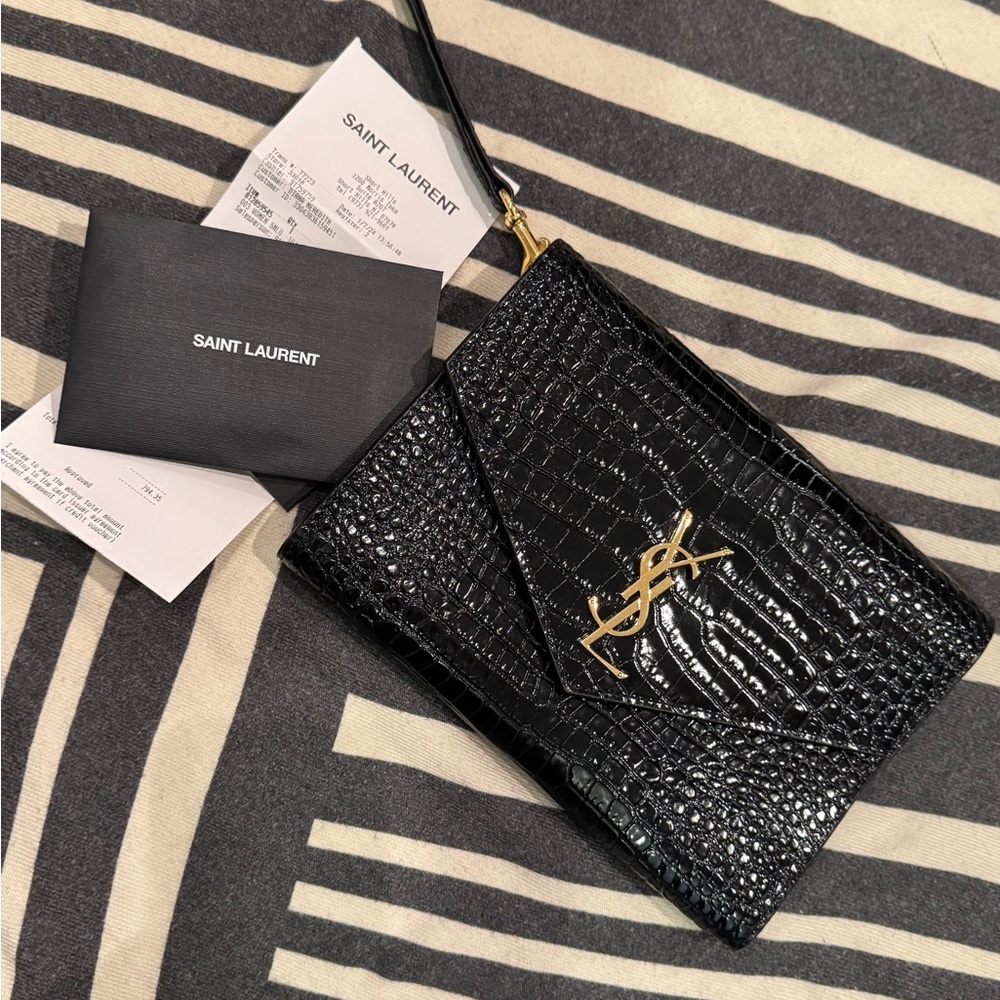 YSL patent leather croc pattern wristlet